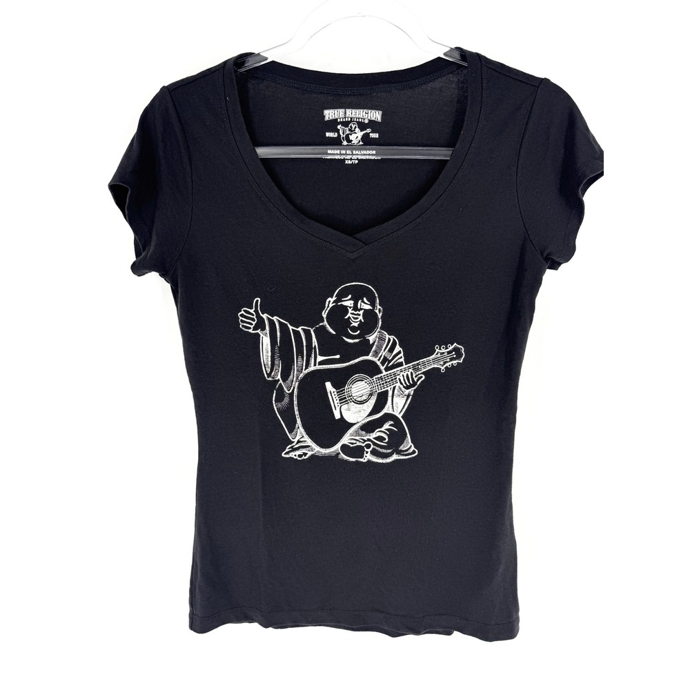 True Religion Womens Black Buddha Guitar‎ Graphic V-Neck T-Shirt XS World Tour